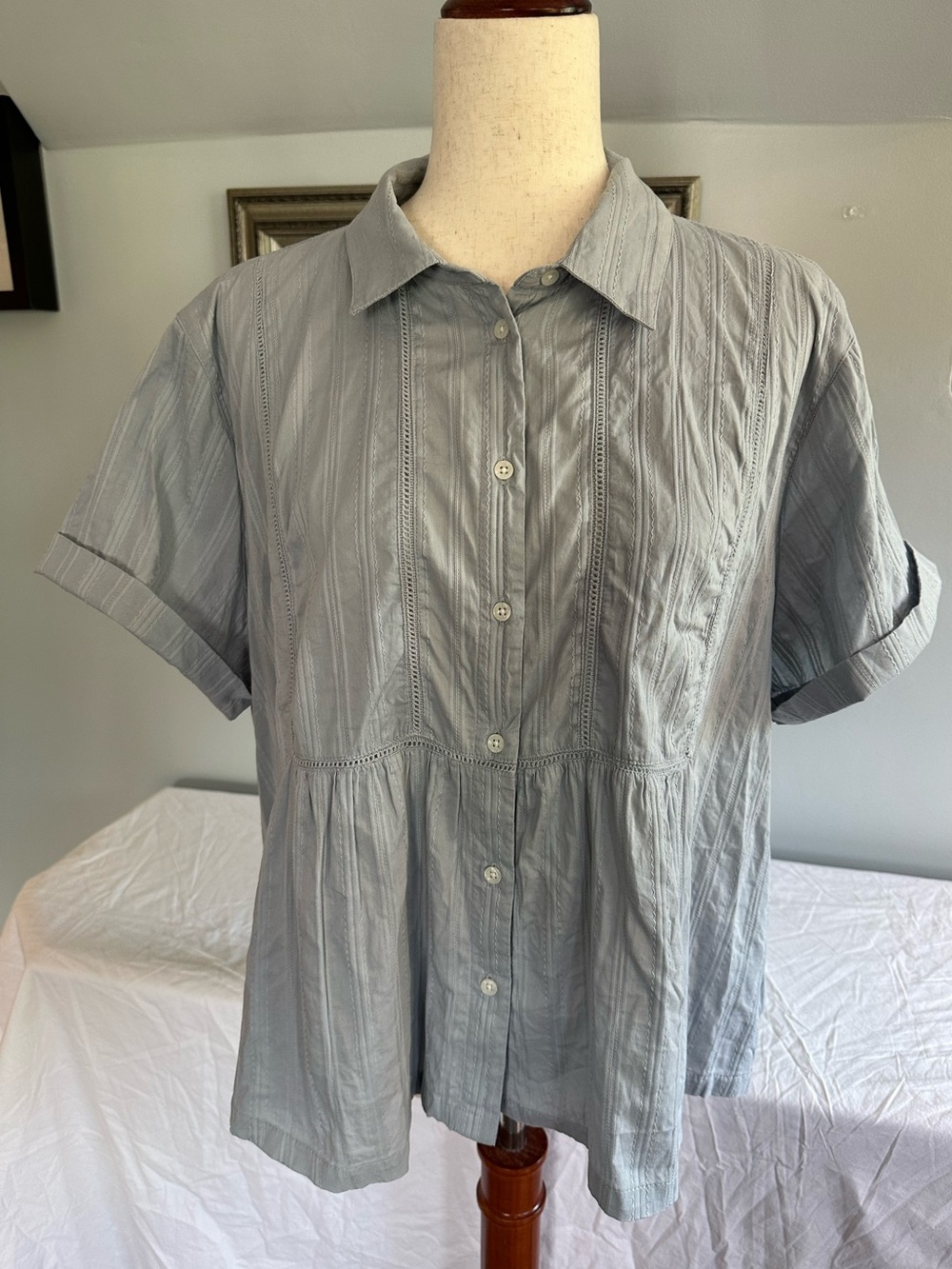Lucky Brand Light Blue-Gray Short-Sleeve Button Front Peplum Top Sz XL
